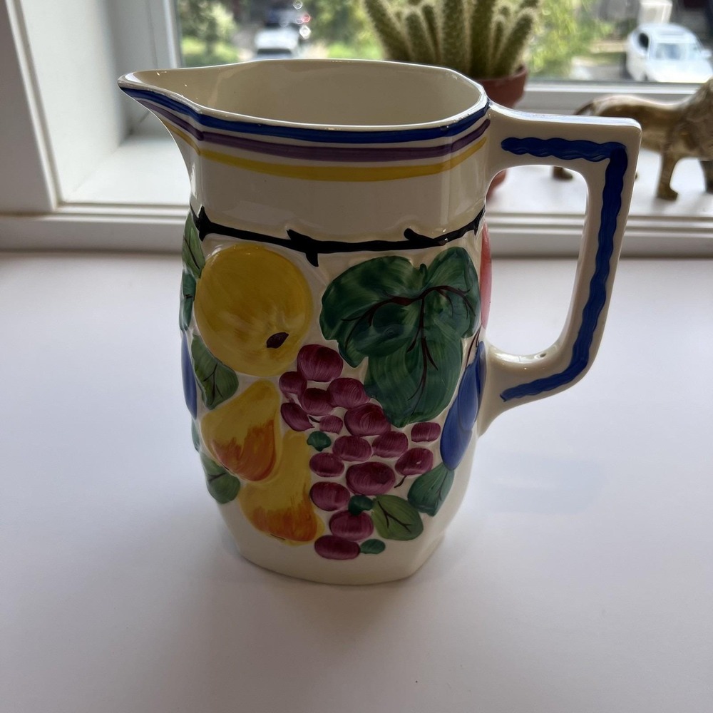Urbach Czechoslovakia Hand‑Painted Fruit Pitcher 21cm Vintage Ceramic Jug Mitmar